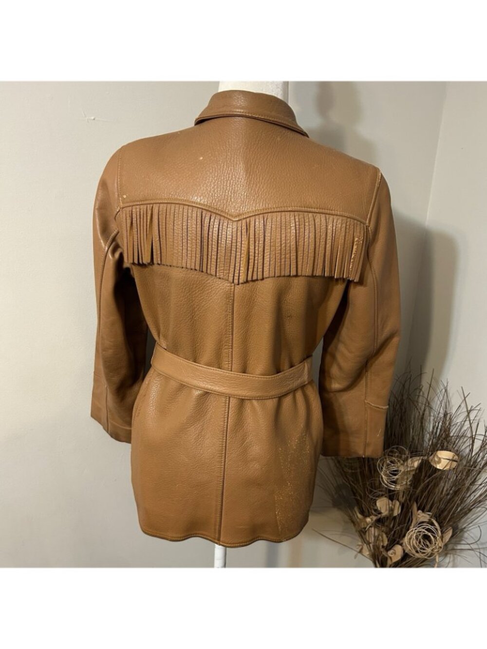 VTG 70s Women Brown Fringe Soft Leather Jacket Belted Lined Sz M ? Flaw Read - Picture 2 of 16